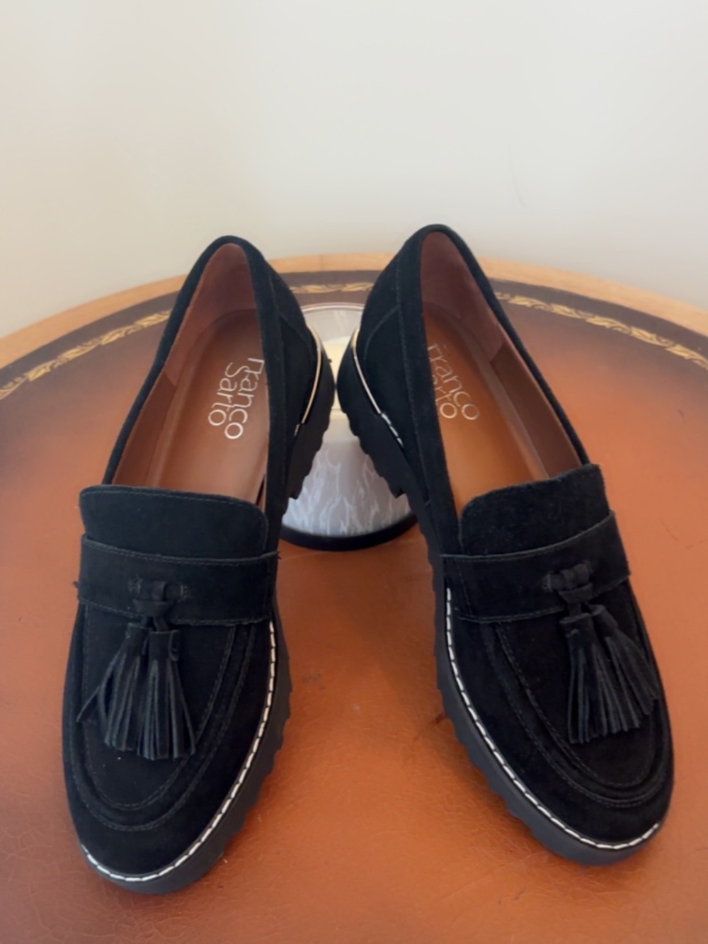 New ~ Franco Sarto Black Suede Tassel Loafers ~ Size 7